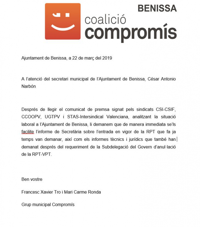 Documento dirigido al secretario municipal de Benissa