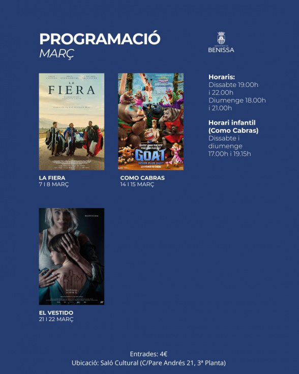 Benissa presenta la programación de cine para el mes de marzo con tres propuestas para todos los públicos