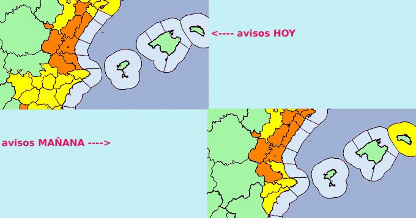 Imagen de Aemet de avisos activos hoy y mañana. EFE/Aemet
