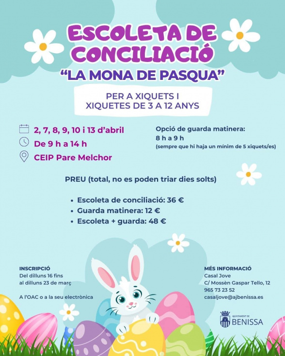 Benissa organiza la Escoleta de Conciliación “La Mona de Pasqua” para las vacaciones de Semana Santa