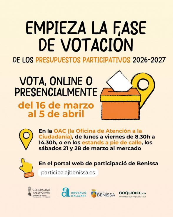 Benissa abre la votación de los Presupuestos Participativos 2026-2027 y habilita voto presencial este sábado 21 en el mercado