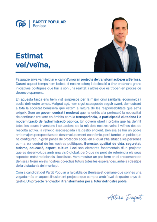 Una carta de Arturo Poquet para cada vecino de Benissa