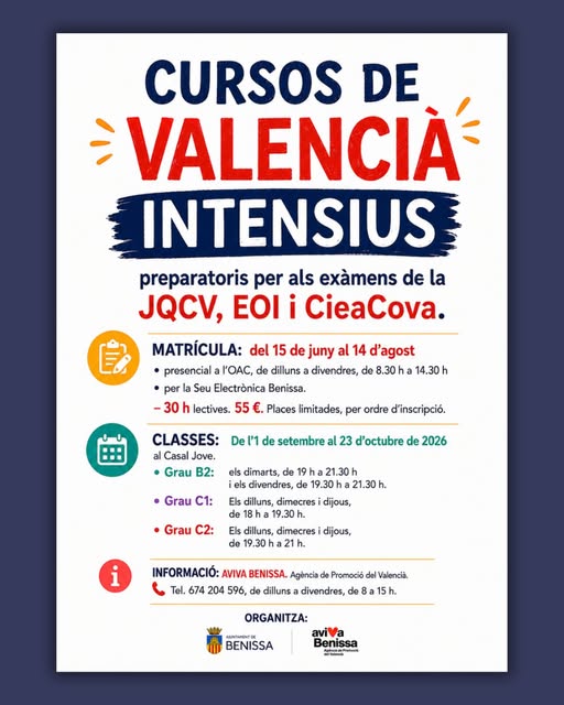 Benissa abre la inscripción para los cursos intensivos de valenciano dirigidos a la obtención de certificados oficiales