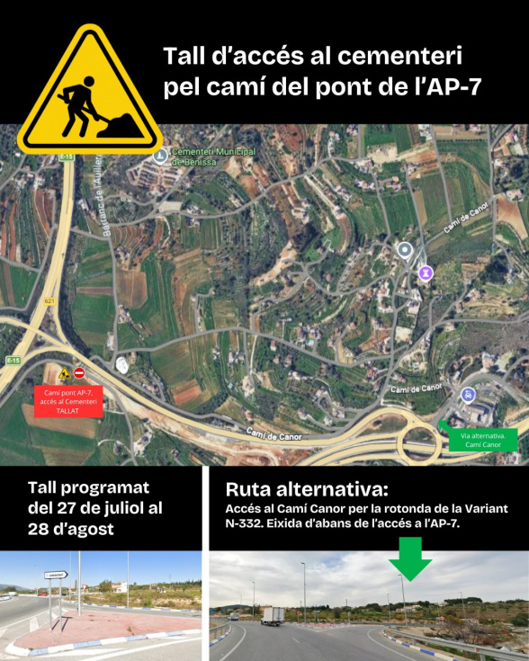 El acceso al Cementerio Municipal de Benissa por el puente de la AP-7 cerrará del 27 de julio al 28 de agosto