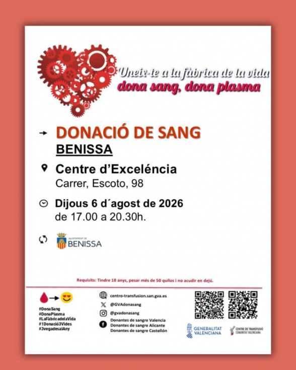 Benissa hace un llamamiento a la solidaridad con una nueva jornada de donación de sangre este jueves 6 de agosto