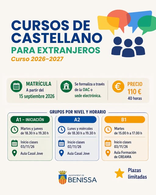 Benissa abre nuevos cursos de castellano para extranjeros con niveles A1, A2 y B1