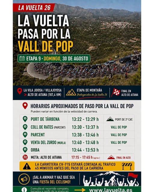 La Vuelta 2026 pasará este domingo por la Vall de Pop en una exigente etapa de montaña camino del Alto de Aitana
