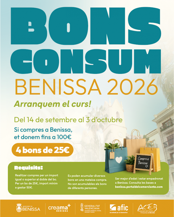 Benissa activa el Bono Consumo “Arranquem el Curs” con más de 200.000 euros para apoyar las compras locales